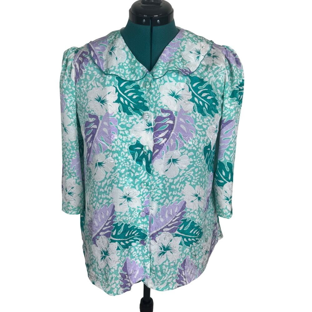 VNTG 80s Pastel Tropical Jacquard Blouse Green Monstera Floral Peter Pan Collar